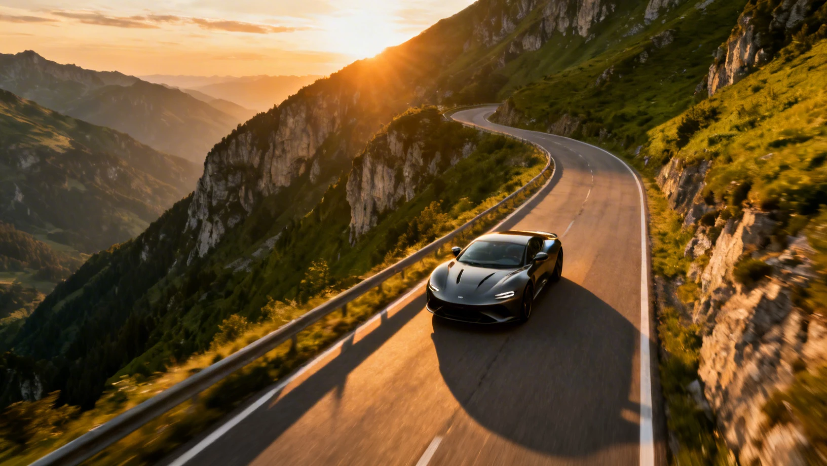 Route de montagne sinueuse au coucher du soleil